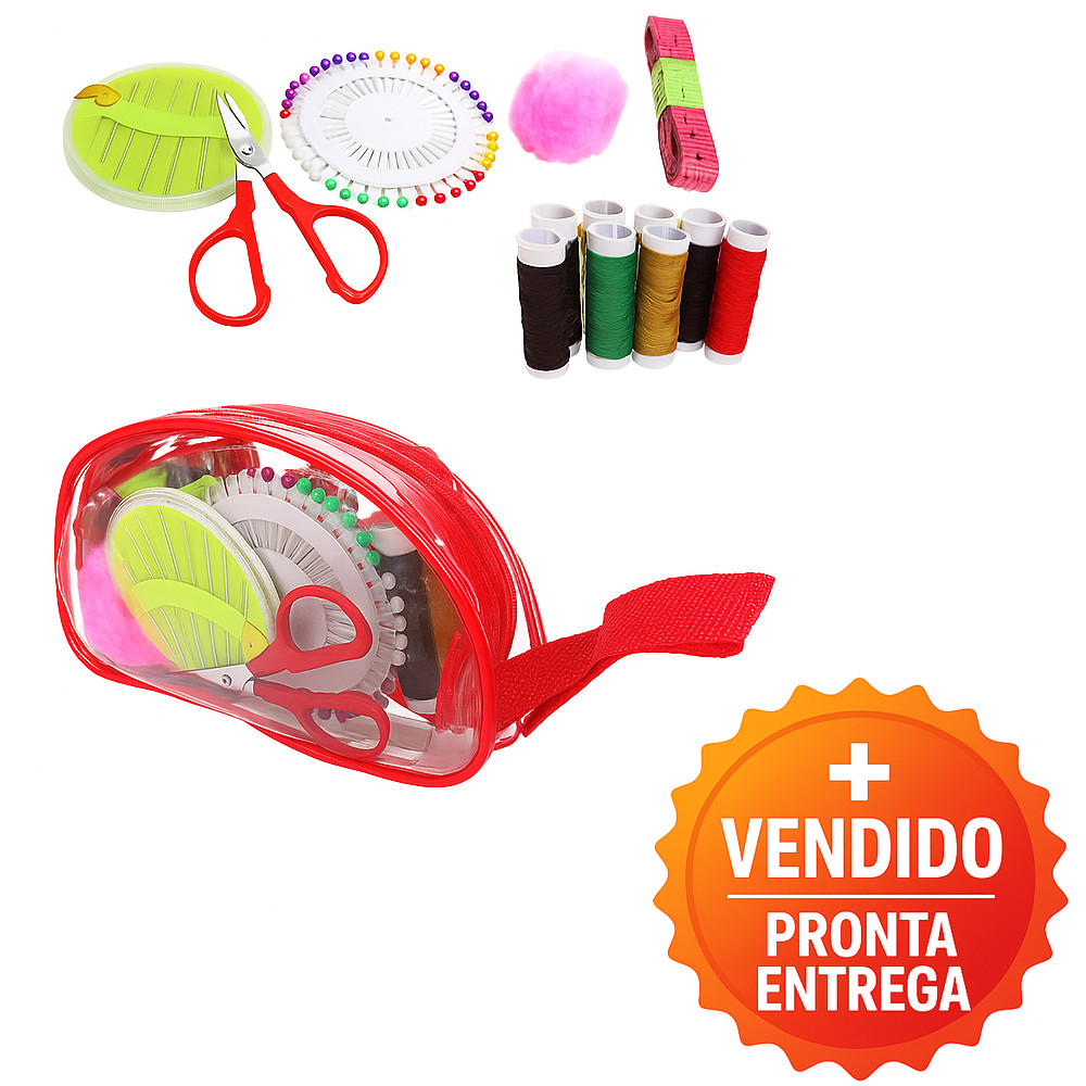 Kit de Costura Completo 13 peças Portátil Estojo com Linhas, Tesoura, Fitas, Agulhas e Alfinetes