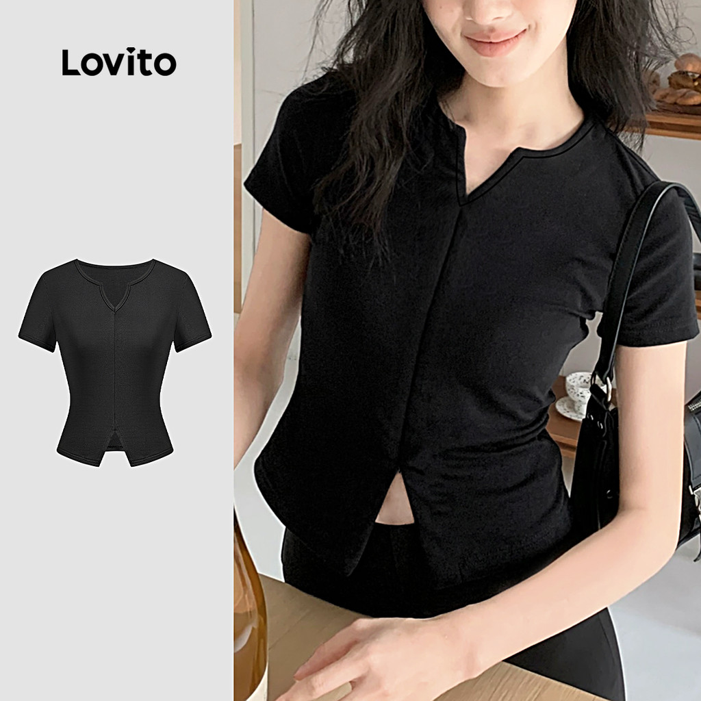 Lovito Camisa Casual de Tecido Dividido Linha Estruturada Primavera/verão Camiseta Preta para Mulheres L142ED007 em Oferta na Shopee