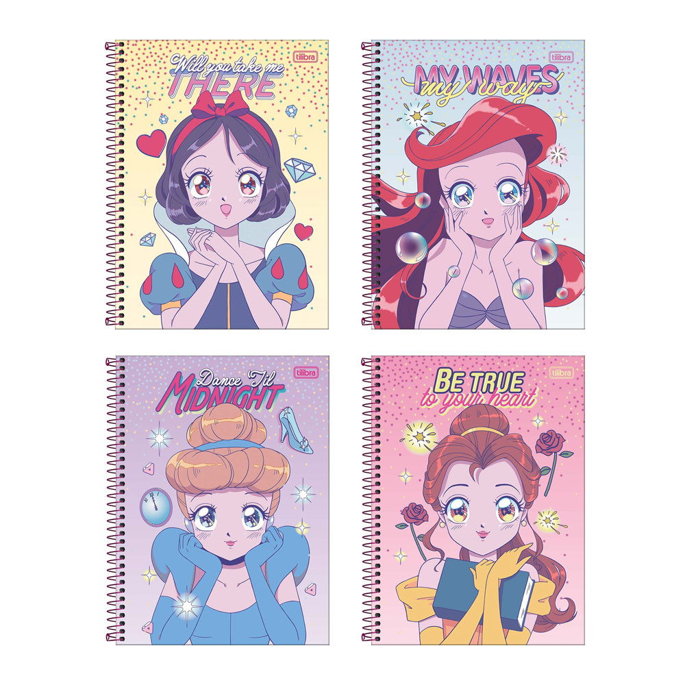 Caderno espiral capa dura universitário 1x1 80 folhas Princesas Mangá Tilibra