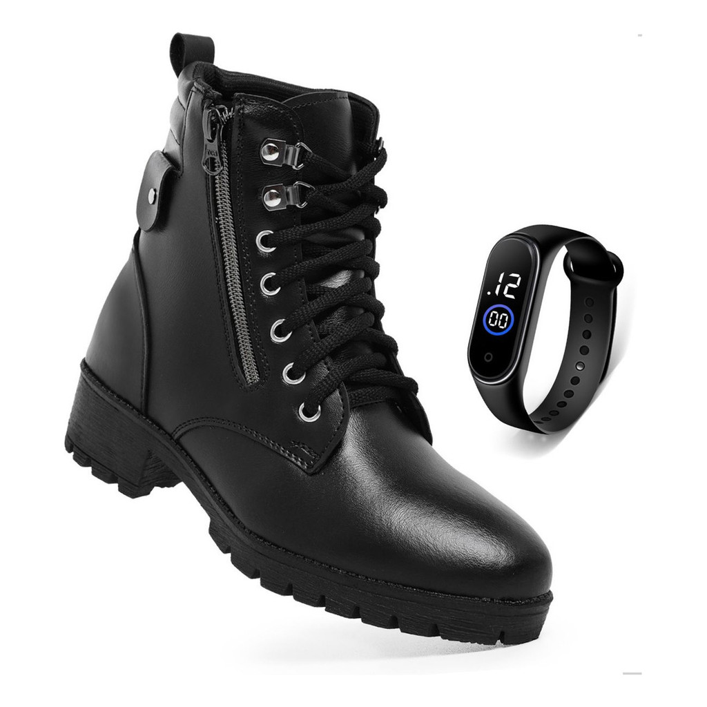 Coturno Bota Casual Feminina Cano Curto Botinha Preta Zíper Salto Moderna Macia Confortável + Relógio