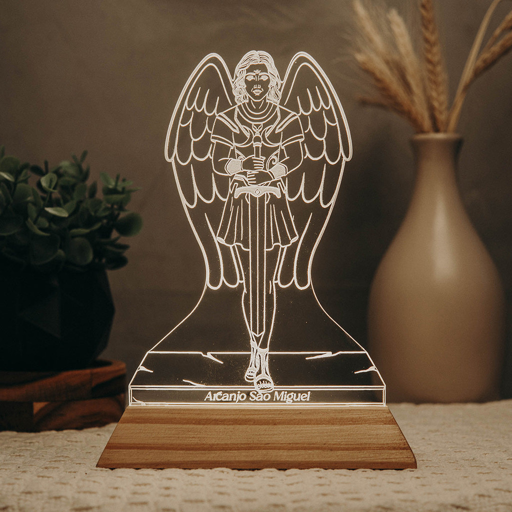 Luminária LED Imagem Arcanjo São Miguel - Presente Troféu Lembrança Mães Avós Bebês Decoração Sala Quarto