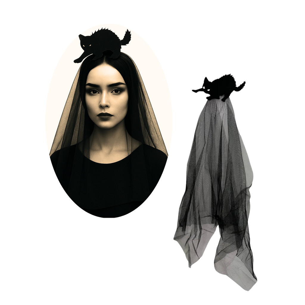 Presilha Véu Noiva Gato Preto – Acessório Halloween Fantasia