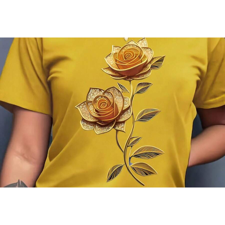 Camiseta Feminina  Estampa Floral Dourada Adequada para o Verão Lançamento T-shirt Envio Imediato em Oferta na Shopee