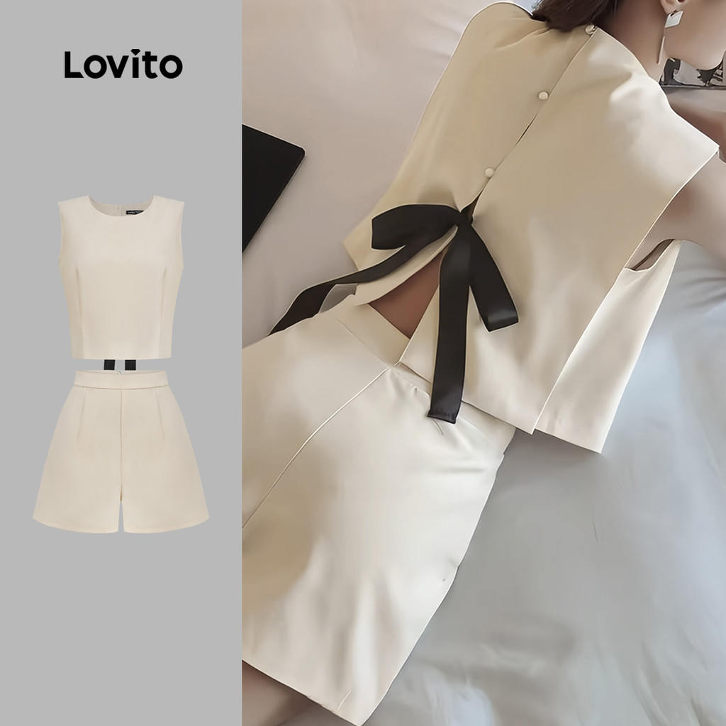 Lovito Conjuntos de Shorts Casuais com Laços, Pérolas, Primavera/verão, Regata Off-white para Mulheres LB135LD279 em Oferta na Shopee