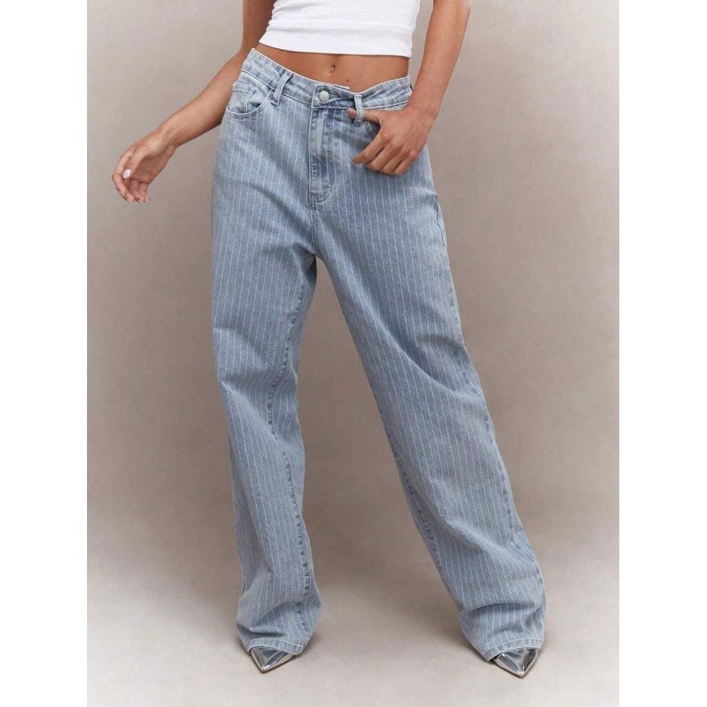 Coolestfemininay 8399 Calça jeans feminina  pantalona wide leg Denim Reto com Listras Laterais 8399