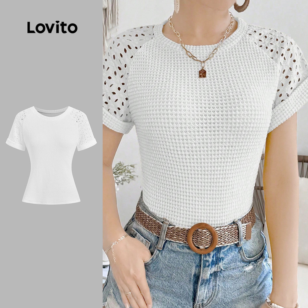 Lovito Camisa Casual de Manga Curta Dobrada para Primavera/verão Branca para Mulheres L149ED1183
