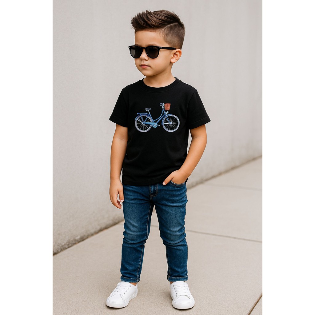 Camiseta Criança Estampa Bicicleta Azul Algodão Respirável Confortável Unissex Menino Menina