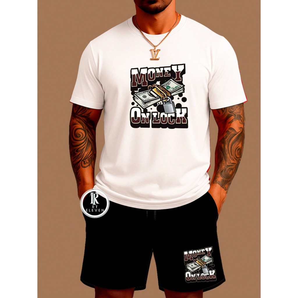 Kit Camiseta Masculina 100% Algodão Bermuda Moletom Lançamento Estampada Money Lock Confortavel Diversas cores Unissex
