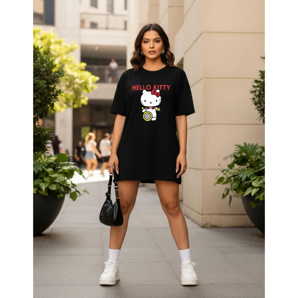 Camiseta Blusão Oversized Gola Grossa Hello Kitty Algodão Confortável Gym Tênis Esporte Lazer