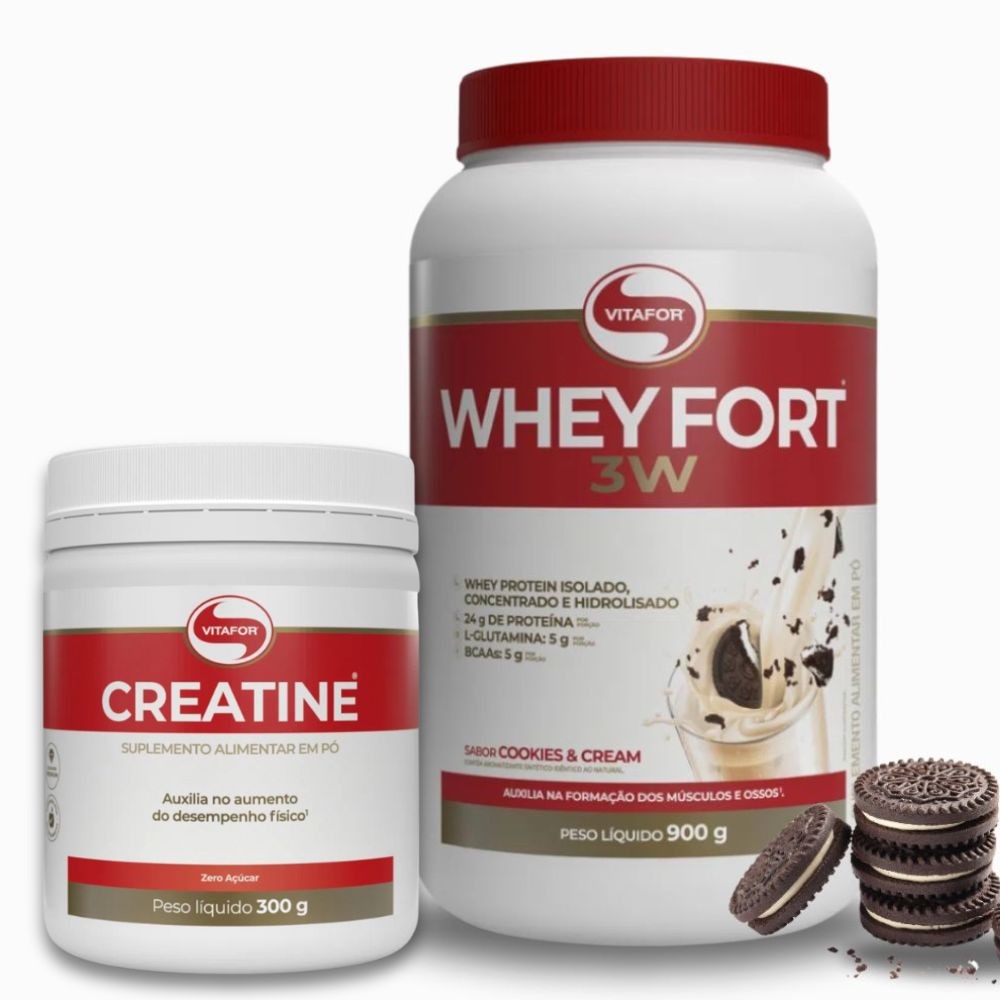 Whey Fort 3W 900g Vitafor Cookies e Cream + Creatina 300g