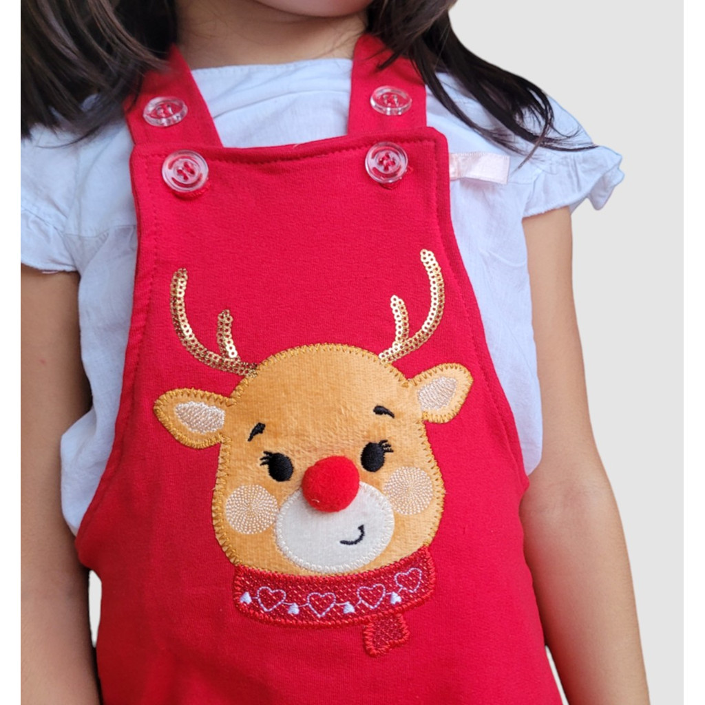 Jardineira vestido menina bebê rena  - roupa temática de Natal: papai noel, árvore de Natal, Hena, Mamãe Noel, trenó