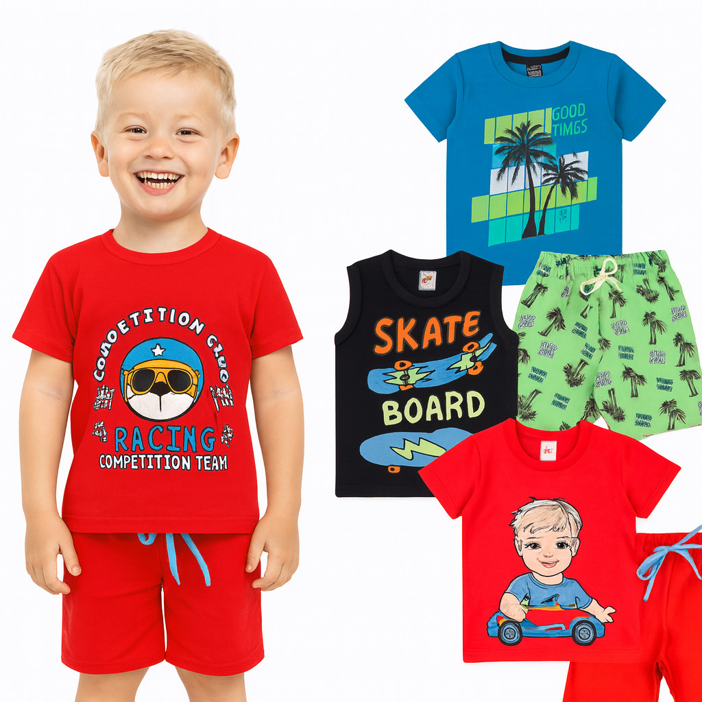 Kit Sortido 6 Peças de Roupas Infantil Menino Verão -Masculino 3 Camisetas + 3 Bermudas- Roupa Infantil Menino Verão