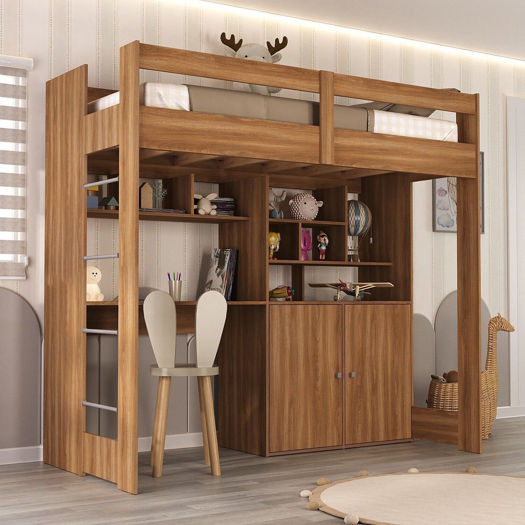 Cama Alta Infantil Juvenil 2 Portas com Escrivaninha Multifuncional Zwork Yescasa Nogal em Oferta na Shopee