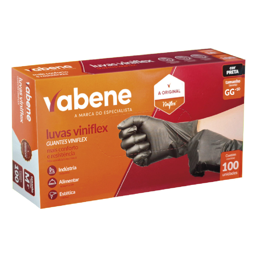 Luva Viniflex Preta Tpe Descartável Vabene Tamanho GG Cartucho 1 X 100 Unidades
