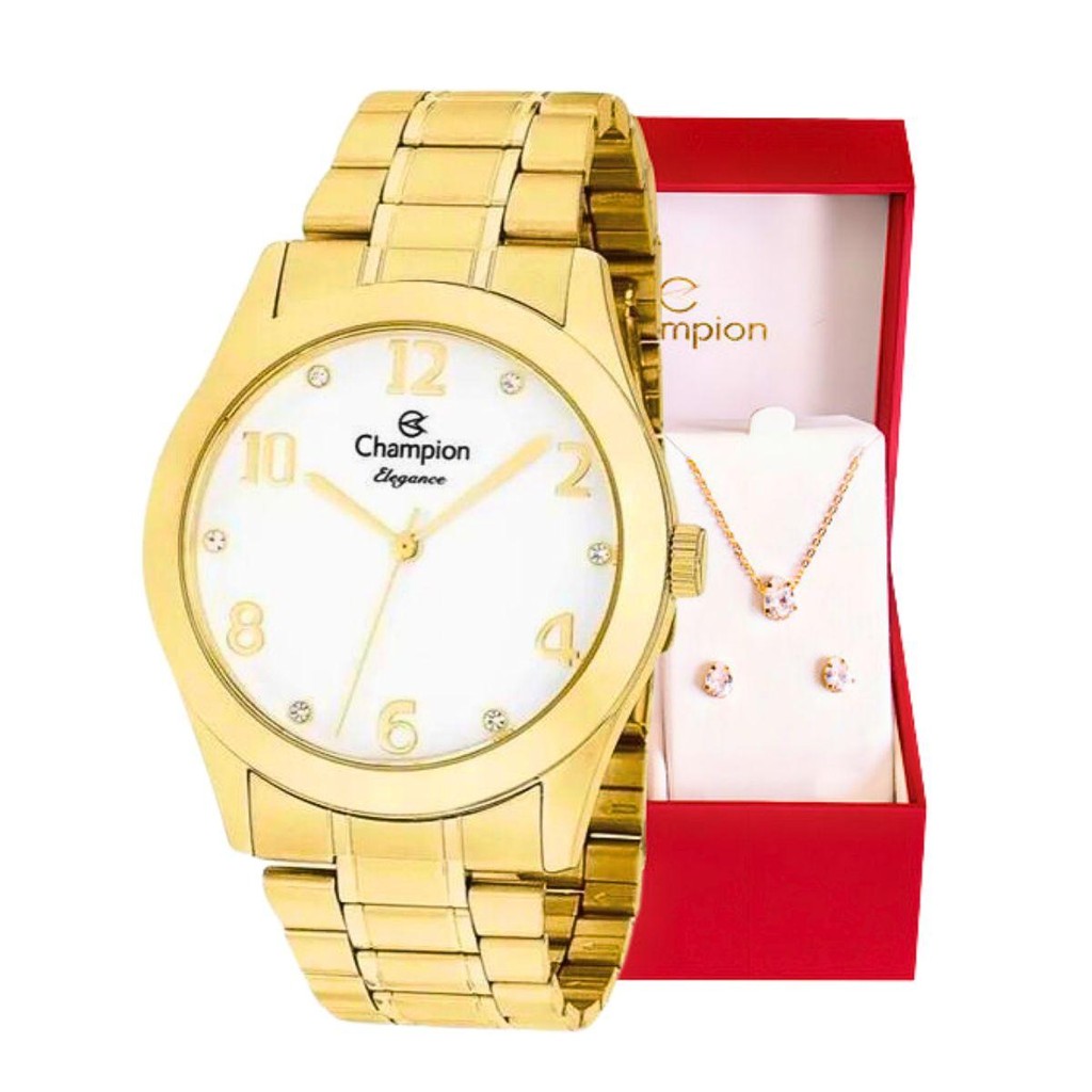 Kit Relógio Feminino Analógico Dourado Champion CN26911W em Oferta na Shopee