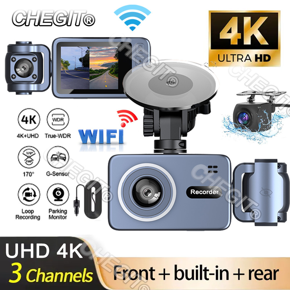 4K Carro Dvr 3 Canais Gravador De Vídeo Wifi Frente Dentro Câmera Visão Traseira DashCam Para Carros Monitor Caixa Preta