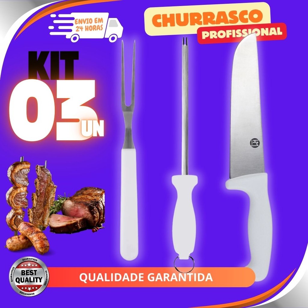 Jogo Kit 3 Peças Faca 8 Pol. Chaira 7,5" e Garfo 6" Para Churrasco PROMOÇÃO