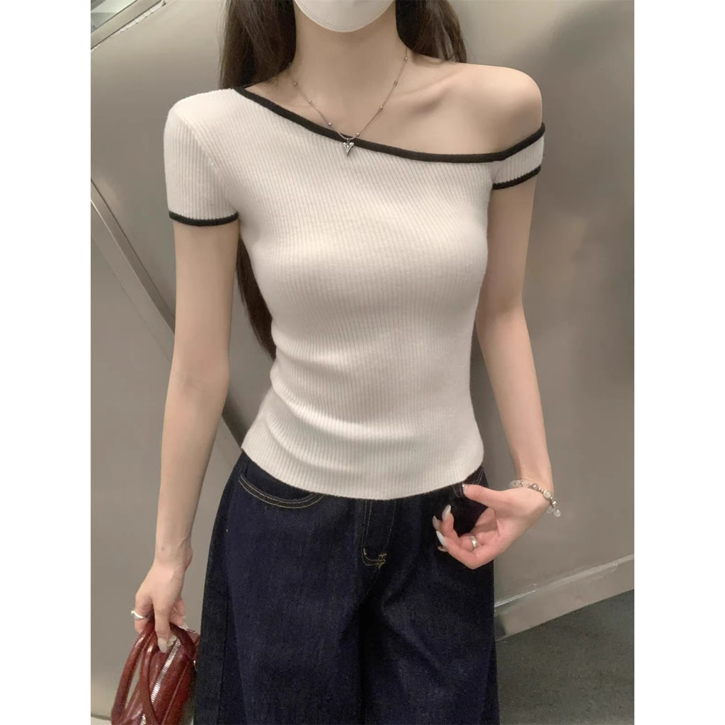 K malha de manga curta cruz-ombro camiseta feminina verão 2026 novo estilo especial bonito braçadeira-cintura superior l