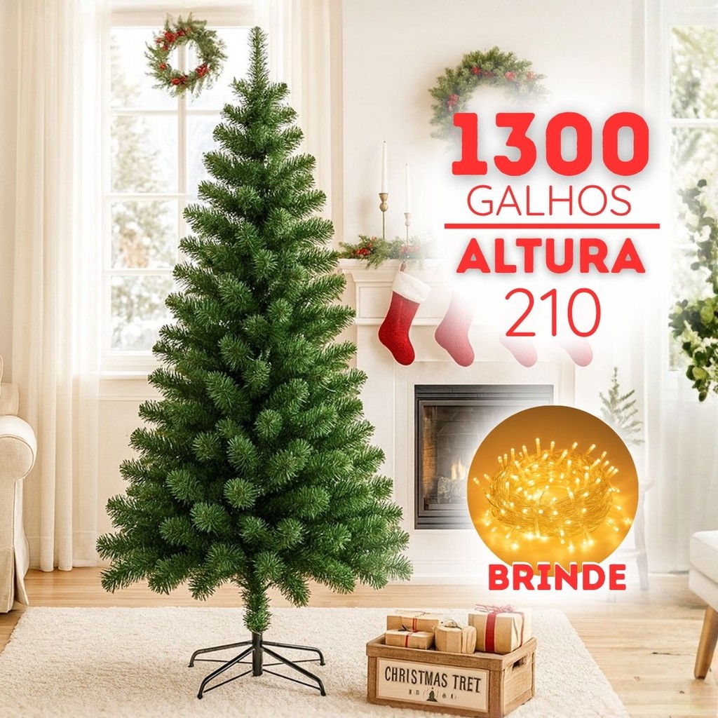Árvore Natal Pinheiro Luxo 2,1m 1300 Galhos + Pisca Pisca Tradicional Cheia Decoração-Natal