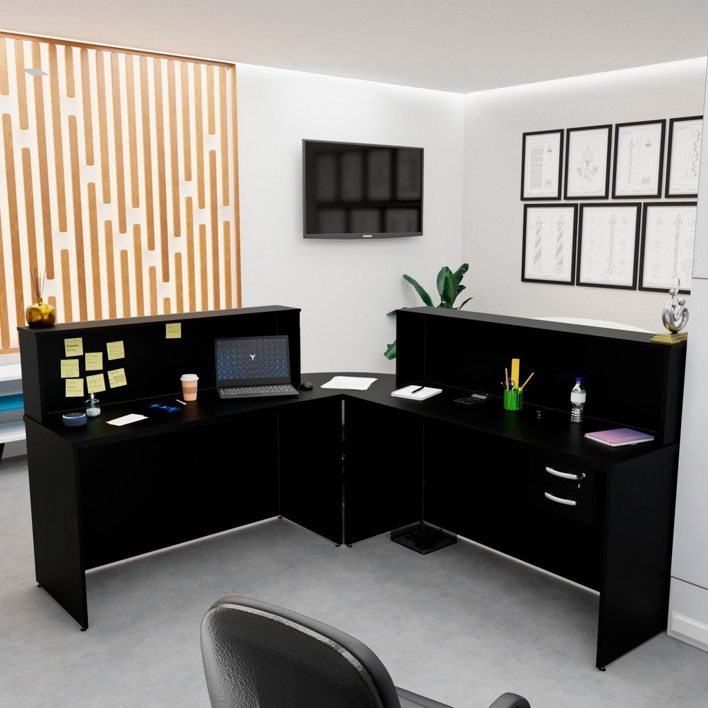 Balcão Atendimento de Canto para Recepção 2 Gavetas Preto em Oferta na Shopee