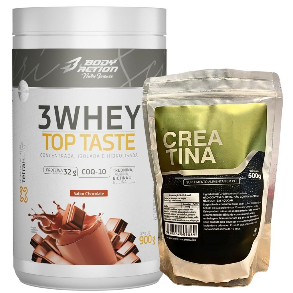 Whey 3W Top Taste 900g Body Action + Creatina 100% Pura  500g Combo Para Ganho de Massa Magra