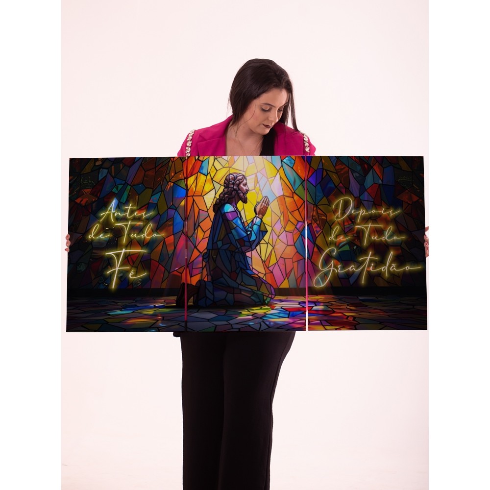 Quadro Triplo Estilo Vitral Religioso Arte Decorativa Frases de Fé e Gratidão Painel Colorido Parede