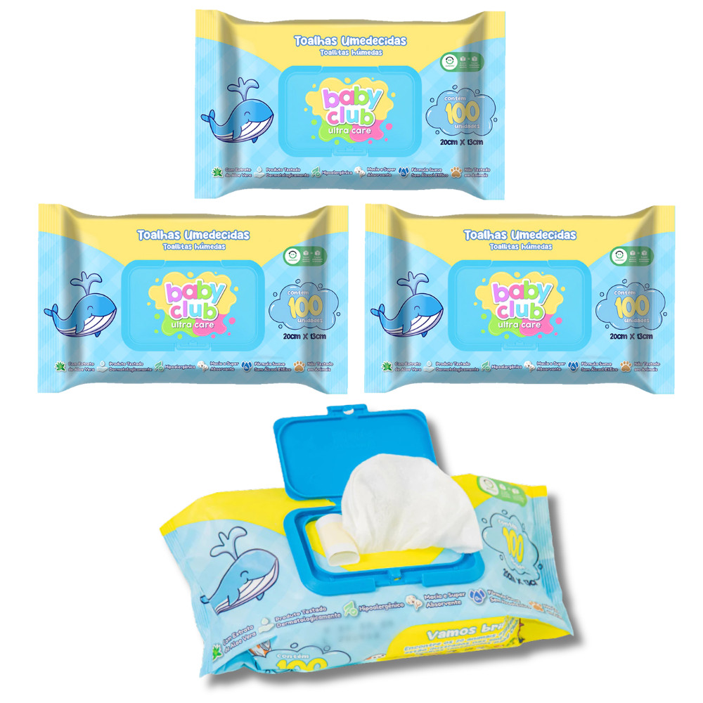 KIT Toalha Umedecida Baby Club c/100 folhas Lenço Umedecido Lencinho