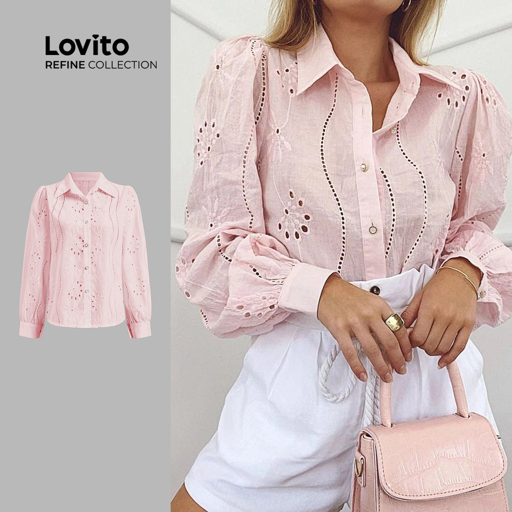 (Lovito Refine) Blusa Elegante Bordada Em Algodão Com Recortes Ideal Para O Verão/primavera LR7LD021 em Oferta na Shopee