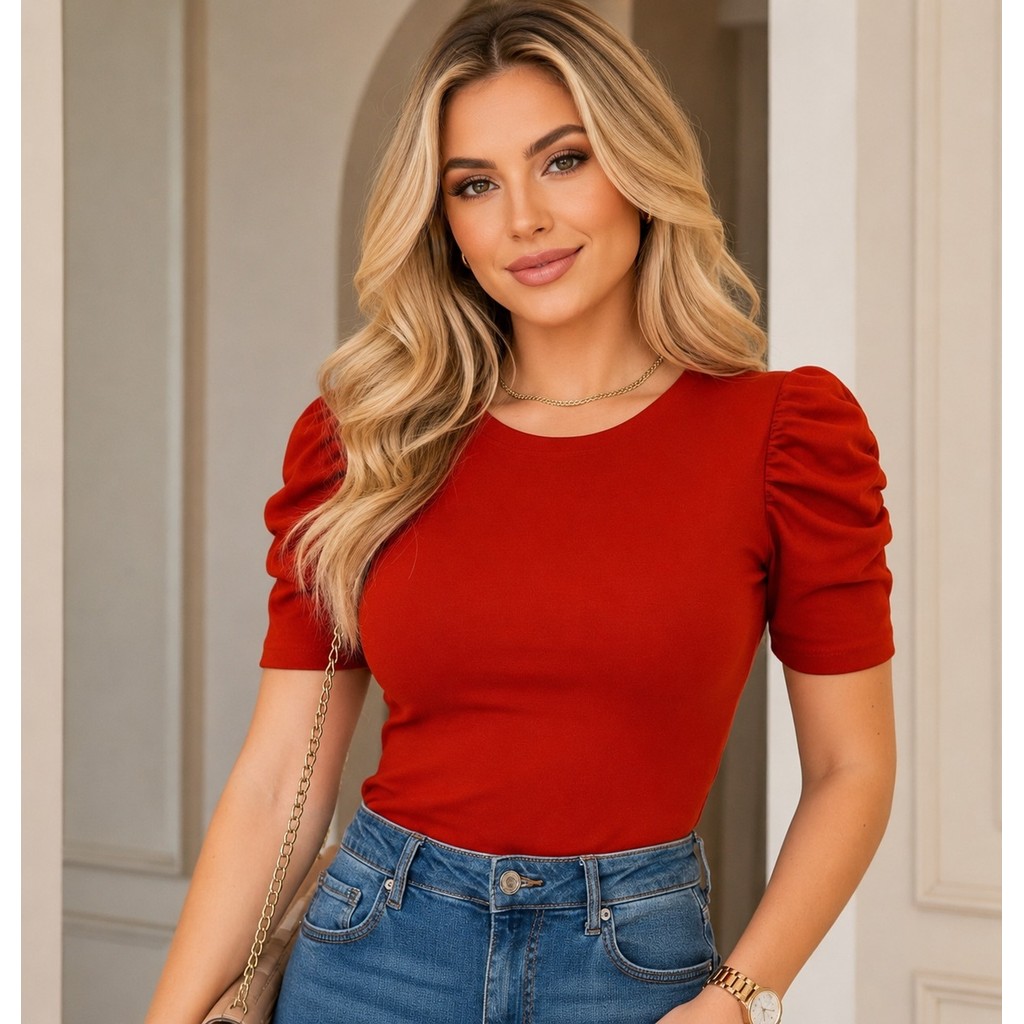 blusa feminina gola rasa manga curta bufante canelada elastano perfeito lançamento