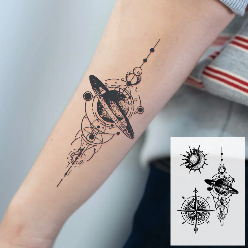Adesivos De Tatuagem De Ervas À Prova D'água Planeta Bússola Sol Lua Arte Corporal Falsa