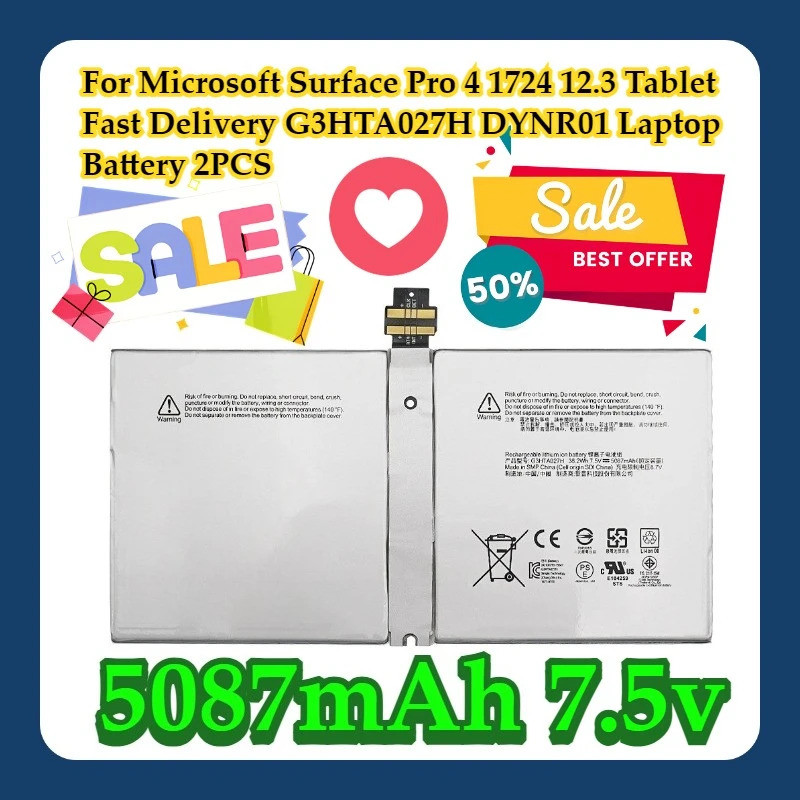 Para Microsoft Surface Pro 4 1724 12.3 Tablet 5087mAh Entrega Rápida G3HTA027H DYNR01 Bateria Portátil 2 Peças