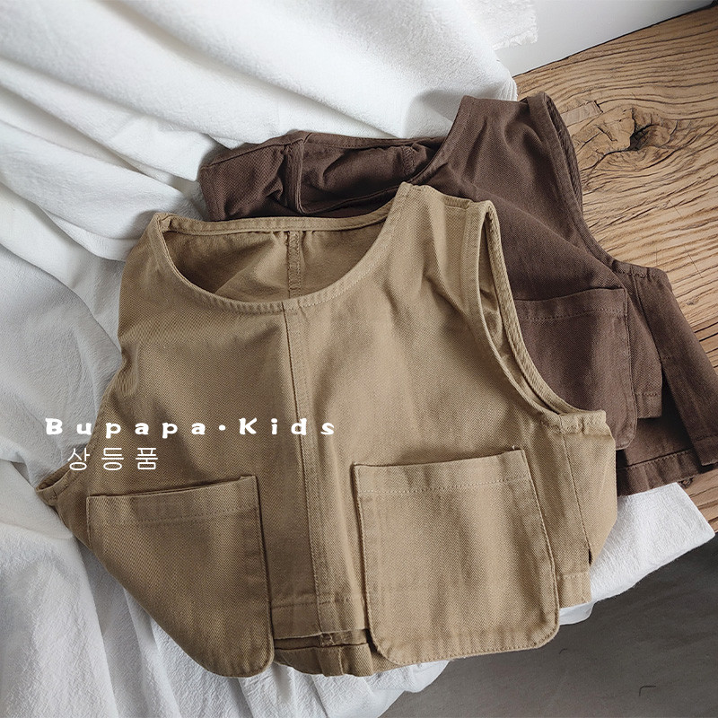 Usar pequeno colete crianças Retro All-Match primavera colete masculino feminino bebê bolso curto exterior colete na mod