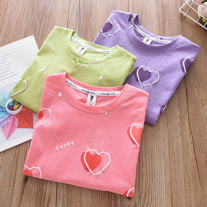 Estilo ocidental meninas amor algodão de manga curta crianças solto Casual em torno do pescoço pulôver camiseta menina v
