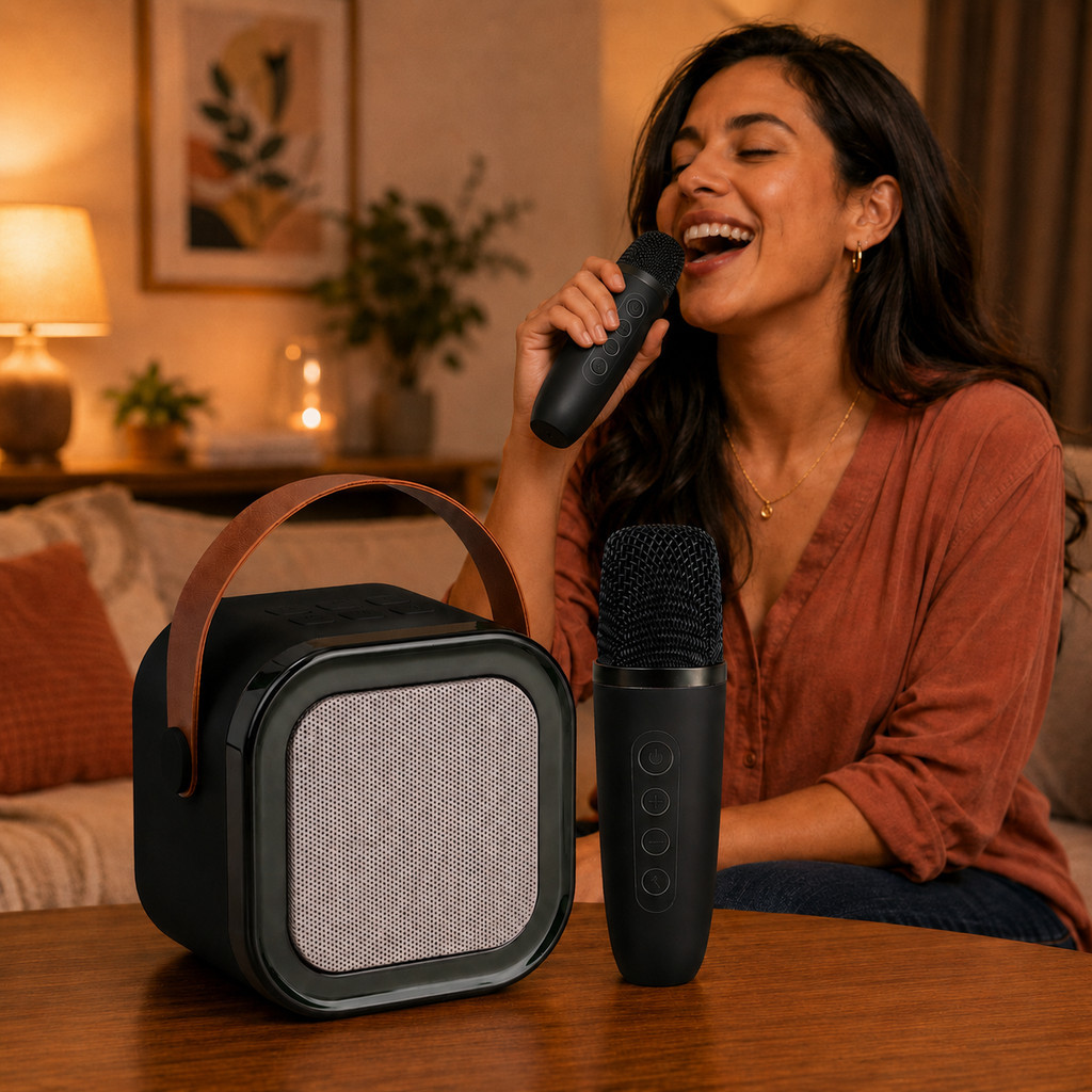 Karaokê Portátil K12 Caixa de Som Bluetooth com Microfone Sem Fio e Luz LED