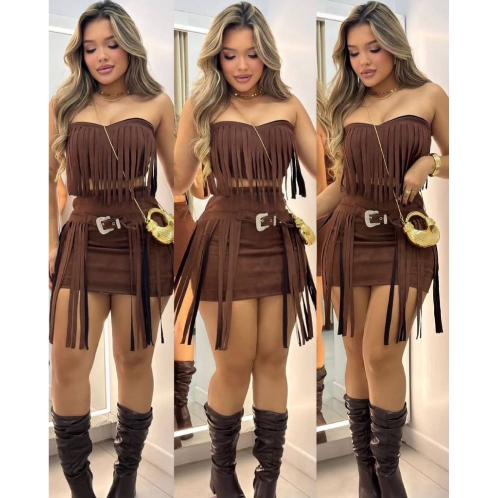 Conjunto Country Suedi Franja Crooped com Bojo