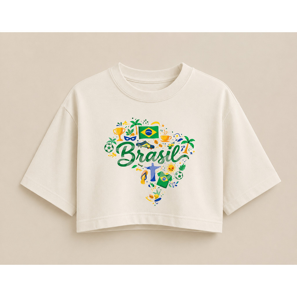 Cropped Feminino Over Brasil Copa 2026  Estiloso Moda Off White brasileira verde e amarela brasa