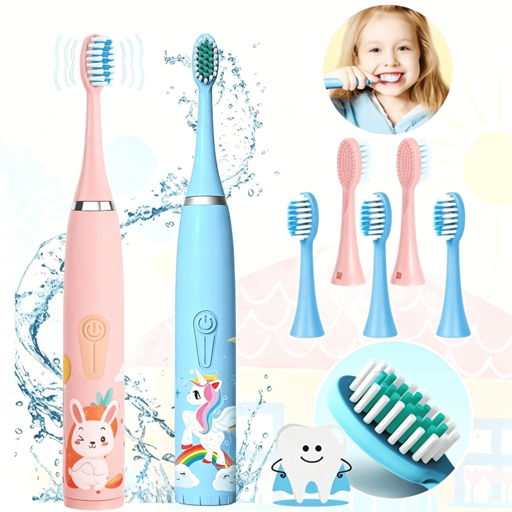 Escova Dental Elétrica Ultra-Sônica Para Crianças Acústica Onda Fofa Cabelos Suaves Dupla Face Limpa Cuidados