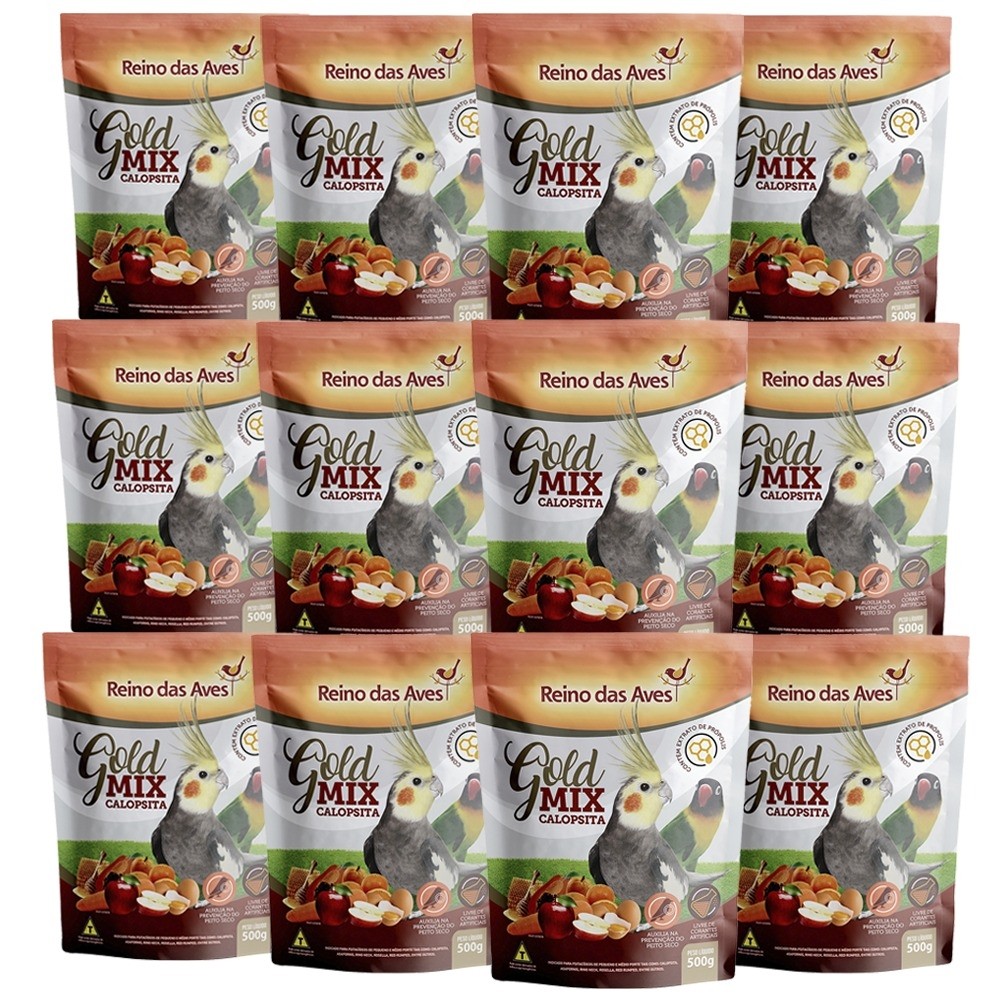 Kit 12 Un Ração Calopsita Reino das Aves Gold Mix 500g Frutas e Legumes