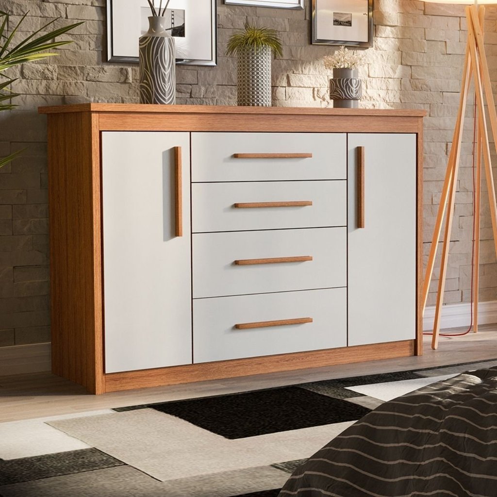 Cômoda para Quarto 2 Portas 4 Gavetas Elegance Marrom/Freijó/Off-White Freijó/Off White