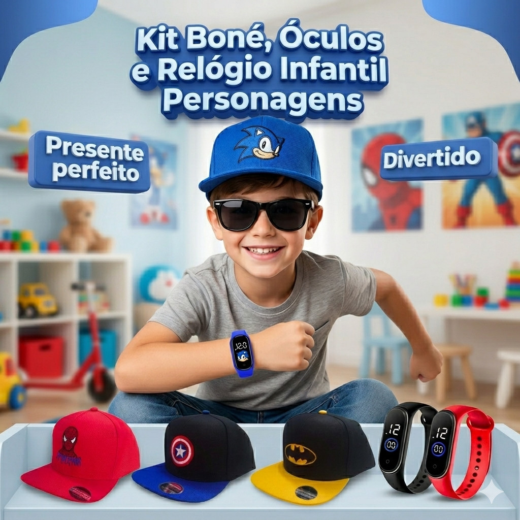Kit Infantil Boné Chapéu Óculos Relógio Completo Personagens Sonic Homem Aranha Batman Capitão América