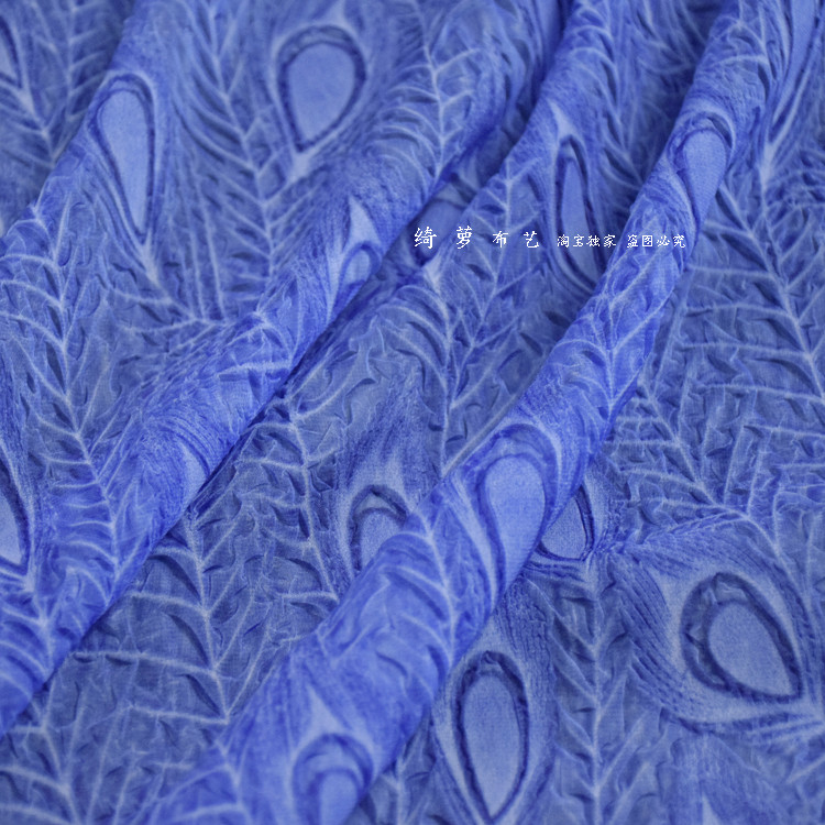 Fresco gelo azul estilo chinês clássico pavão pena em relevo Crepe Chiffon tecido vestido superior tecido feminino trans