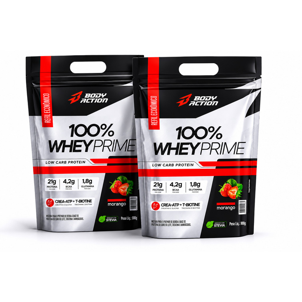 Kit com 2 Whey 100% Prime 900g Sabor Morango - Body Action