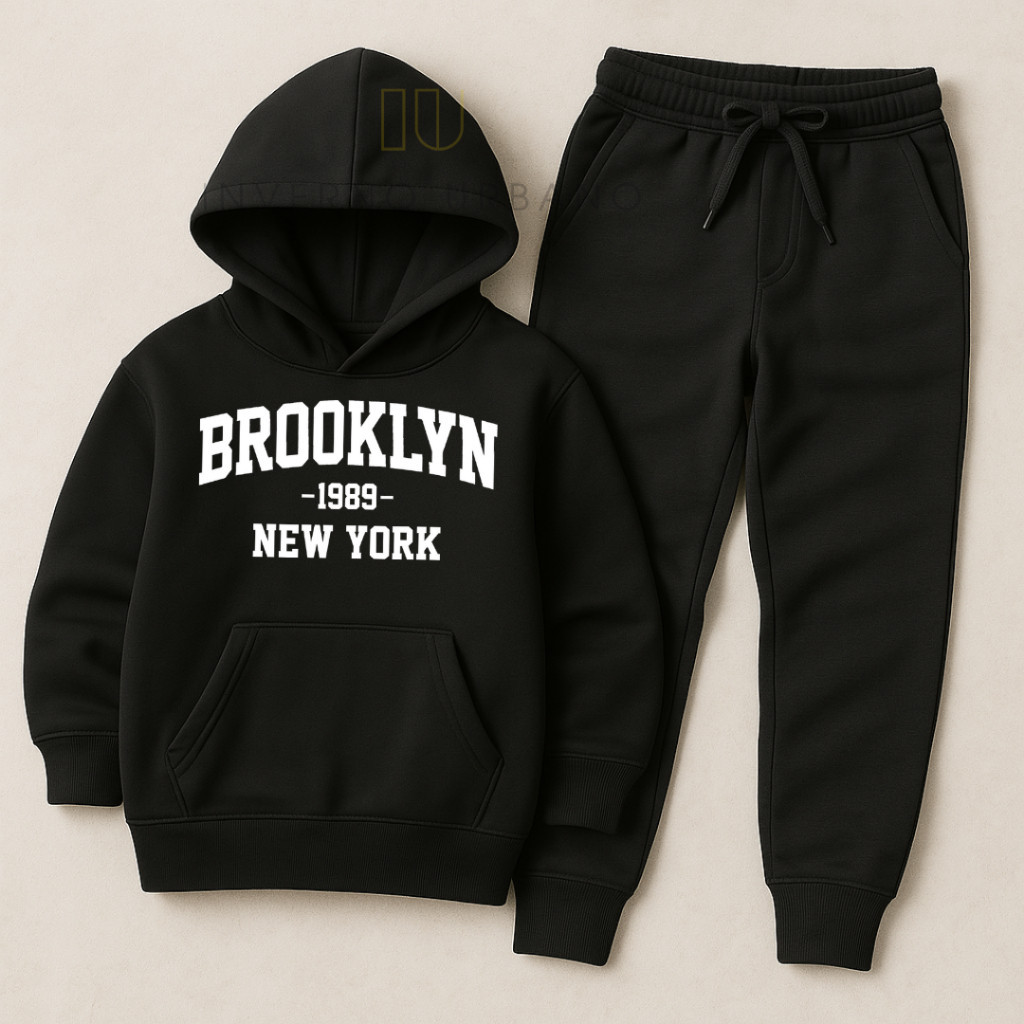 Conjunto Moletom Infantil Brooklyn NY Estampado Blusa de Frio com Capuz e Calça Flanelado Inverno