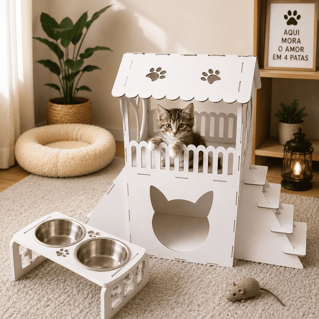 Casinha de Gato MDF CRU 2 Andares com Rampa Arranhador Telhado Cor Branca Gato Madeira Grande Dormir