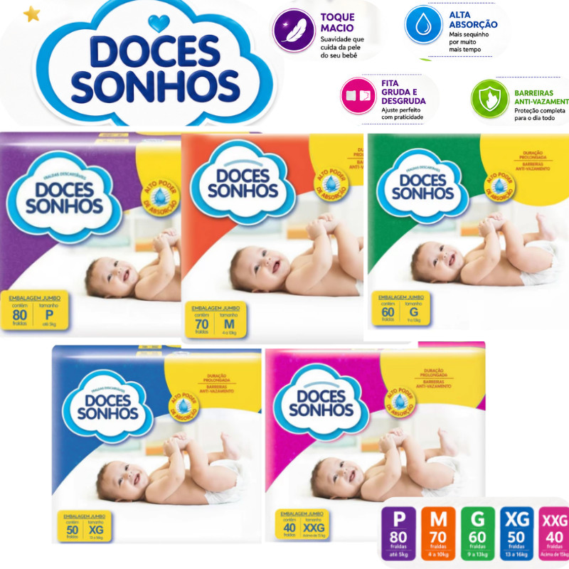 Fralda Descartável Infantil Doces Sonhos | Alta Absorção,Conforto e Economia P/M/G/XG/XXG