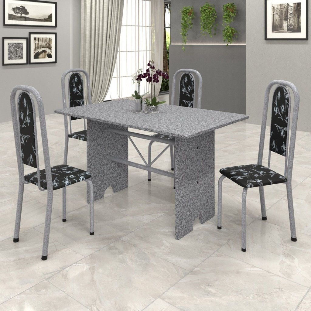 Conjunto de Mesa 120x75cm Tampo Granito com 4 Cadeiras Lavínea Cinza/Martelado Pérola/Ocre/Preto Floral Martelado
