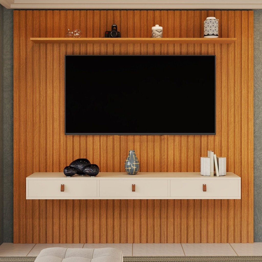 Painel para TV até 60 Polegadas Ripado MDF 250CMX229CM Royale Marrom Naturale/Off White