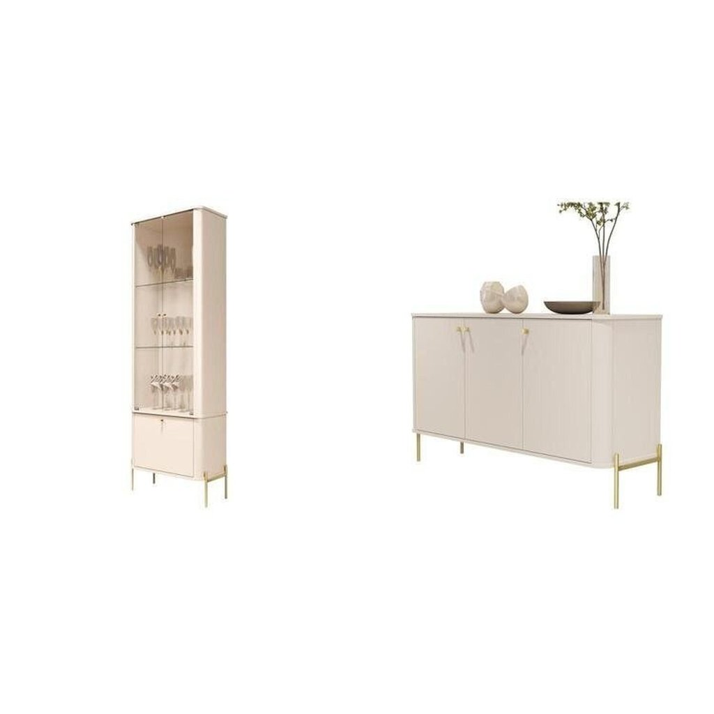 Cristaleira e Buffet Tucupí com Puxador e Pés em Metal Bege/Offwhite/Dourado