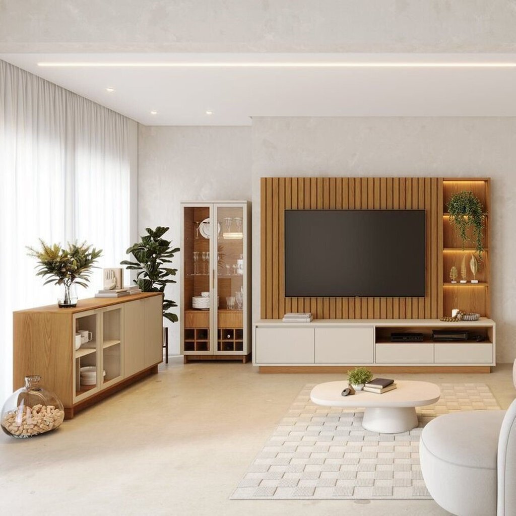 Home Theater Ripado Tv até 82 Polegadas 240cm com Led Cristaleira 2 e 1 Buffet 4 Portas Marrom Freijó/Off White Matte