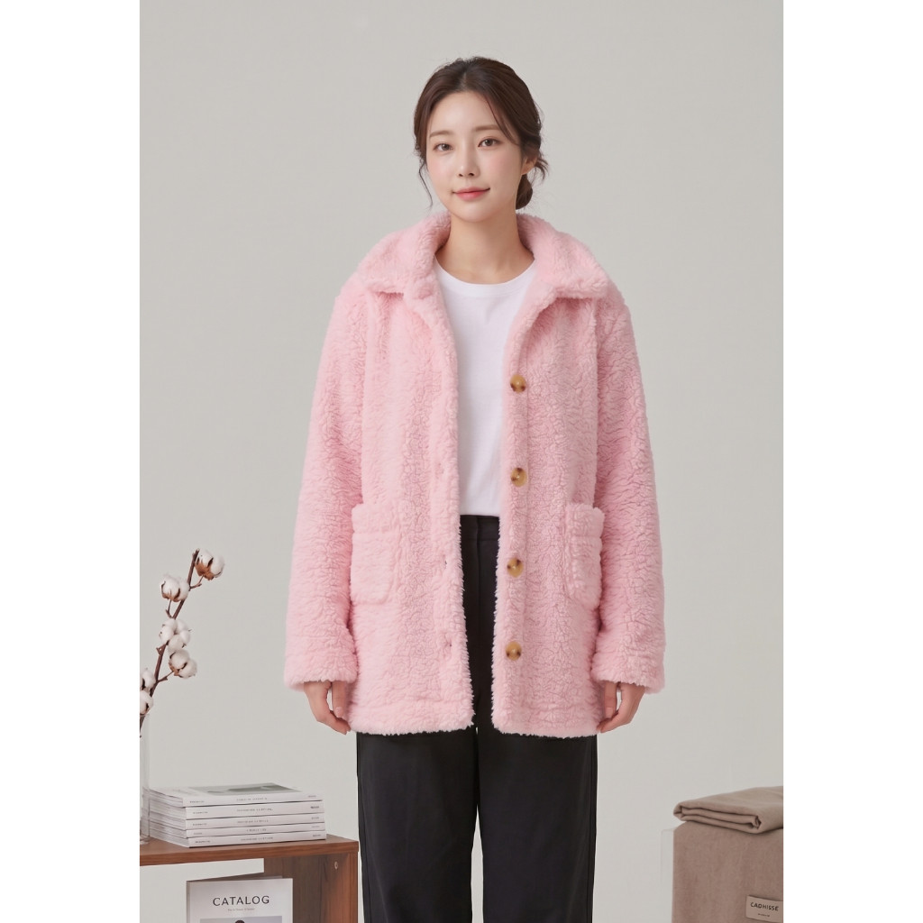 Casaco Feminino Rosa Bebê Longo Teddy Coreano Manga Longa Tede Ted Com Botões Blusa Frio…